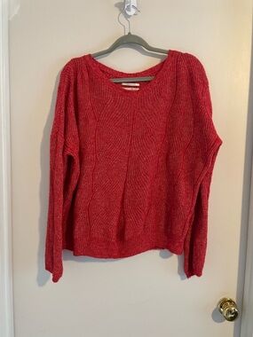 By Anthropologie Red Pointelle Knit Sweater L Open Weave Pattern Pullover EUC